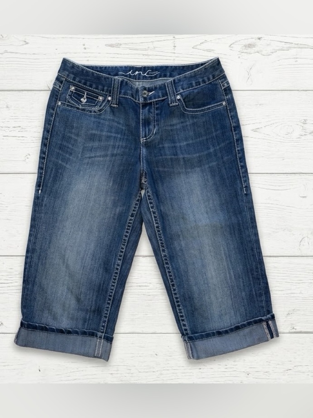 INC Denim Capris Women’s Sz 10 Medium Wash Thick Stitch Cuffed Bling Pocket Y2K